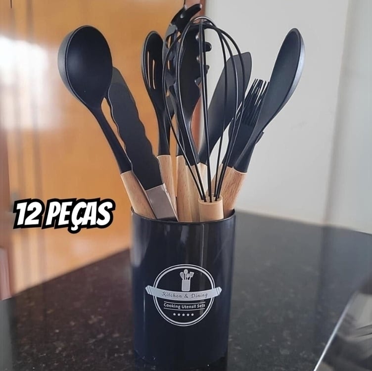 Kit 12 Utensílios De Cozinha Em Silicone Cabo De Madeira Resistente ao Calor Antiaderente Premium (Preto) Kit 12 Utensílios De Cozinha Em Silicone Cabo De Madeira Resistente ao Calor Antiaderente Premium (Preto)