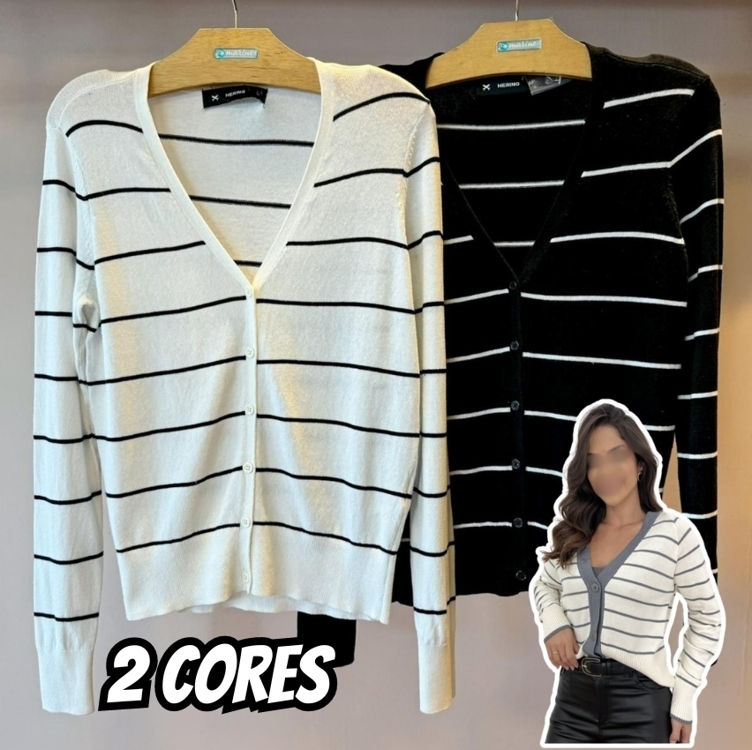 Cardigan Básico Feminino Em Tricô Com Botão Listrado Cardigan Básico Feminino Em Tricô Com Botão Listrado