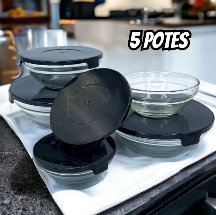 Jogo Kit 5 Pote Tigelas De Vidro Com Tampa Redondo Cozinha Cor Preto Jogo Kit 5 Pote Tigelas De Vidro Com Tampa Redondo Cozinha Cor Preto
