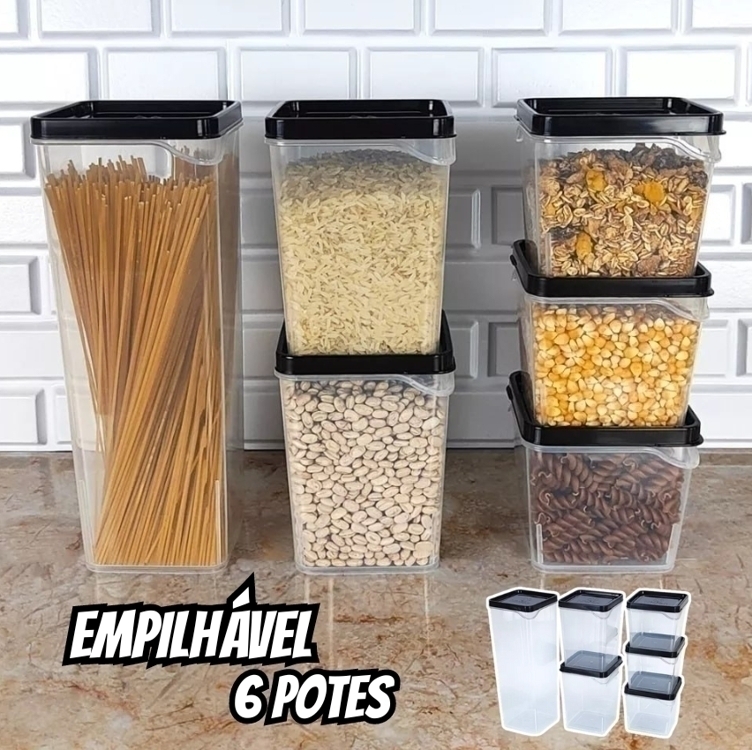 Kit 6 Potes Empilhável Para Mantimentos Condimentos C/ Tampa Kit 6 Potes Empilhável Para Mantimentos Condimentos C/ Tampa