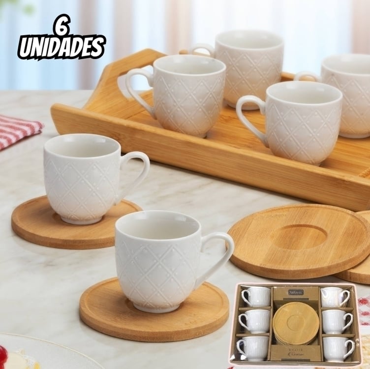 Jogo 6 Xícaras Café Branca Porcelana Pires Bambu Premium Jogo 6 Xícaras Café Branca Porcelana Pires Bambu Premium