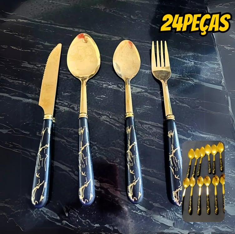 Kit 24 peças Talheres Colher Garfo Faca Luxo Linha Ouro (Sem Suporte) Kit 24 peças Talheres Colher Garfo Faca Luxo Linha Ouro (Sem Suporte)