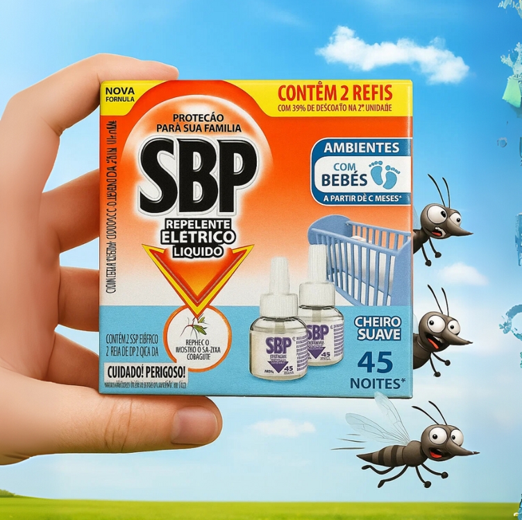 Repelente Elétrico Líquido SBP 45 Noites Cheiro Suave com 2 unidades de 32.9ml Repelente Elétrico Líquido SBP 45 Noites Cheiro Suave com 2 unidades de 32.9ml