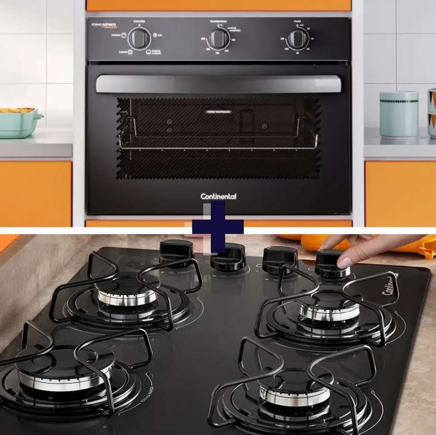 Cooktop 4 Bocas Continental a Gás de Vidro Temperado Preto + Forno de Embutir Elétrico Continental 50L com TOPLimpaFácil (KC4GP+OC4EM) Cooktop 4 Bocas Continental a Gás de Vidro Temperado Preto + Forno de Embutir Elétrico Continental 50L com TOPLimpaFácil (KC4GP+OC4EM)