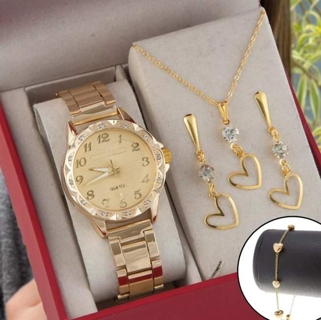Kit Colar + Brincos E Pulseira Folheados + Relógio Feminino Kit Colar + Brincos E Pulseira Folheados + Relógio Feminino