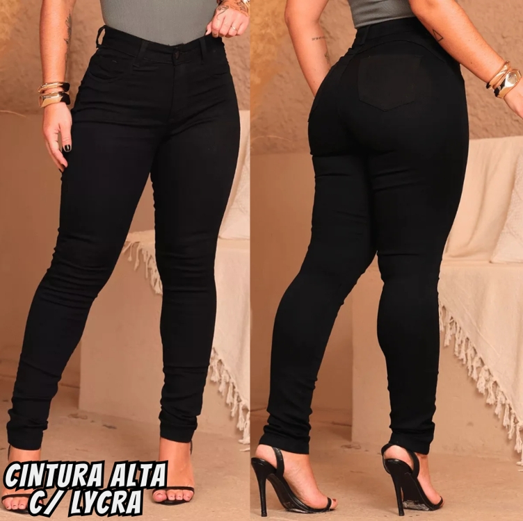 Calça Preta Jeans Feminina Com Elastano Cintura Alta Skinny Calça Preta Jeans Feminina Com Elastano Cintura Alta Skinny