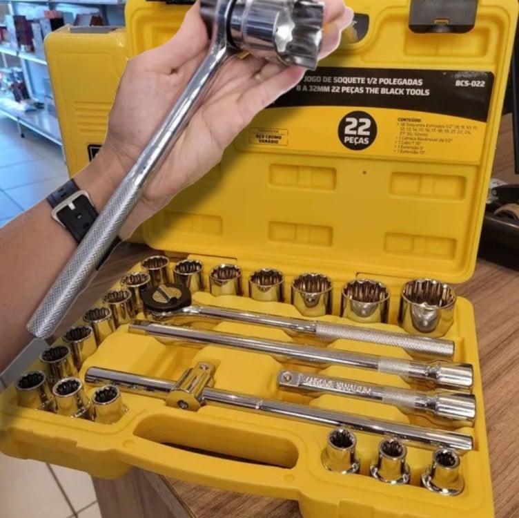 Jogo De Soquetes Encaixe 1/2'' 22 Peças Maleta Completo Cor Amarelo Jogo De Soquetes Encaixe 1/2'' 22 Peças Maleta Completo Cor Amarelo