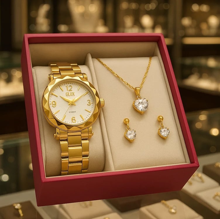 Relógio Feminino Analógico + Colar Brincos Folheado Ouro 18k Relógio Feminino Analógico + Colar Brincos Folheado Ouro 18k