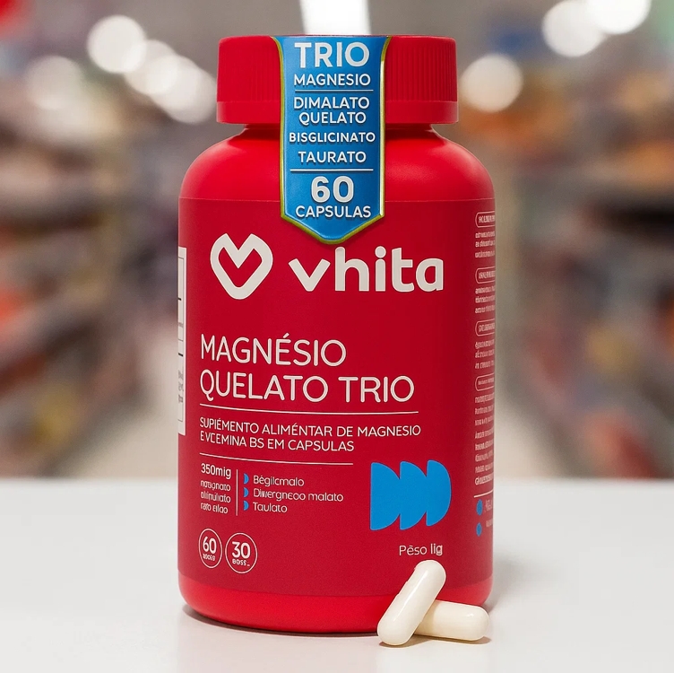 Magnésio Quelato Trio, Dimalato, Bisglicinato e Taurato com Vitamina B6 350mg Vhita 60 Cápsulas Magnésio Quelato Trio, Dimalato, Bisglicinato e Taurato com Vitamina B6 350mg Vhita 60 Cápsulas