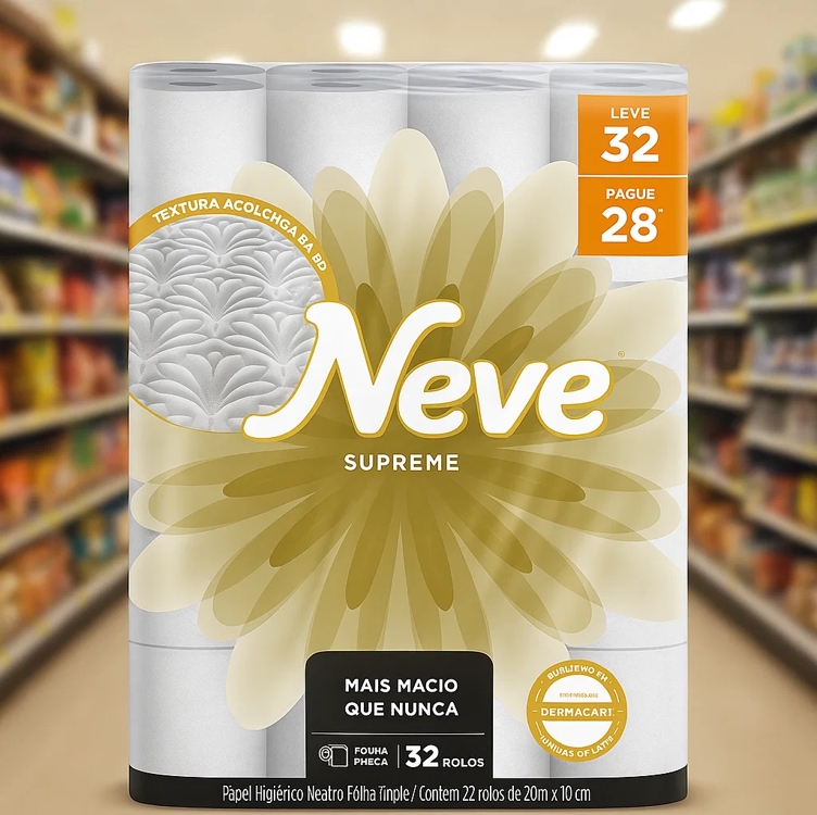 Neve Papel Higiênico Supreme Folha Tripla, 20m, Leve 32 Pague 28 Rolos