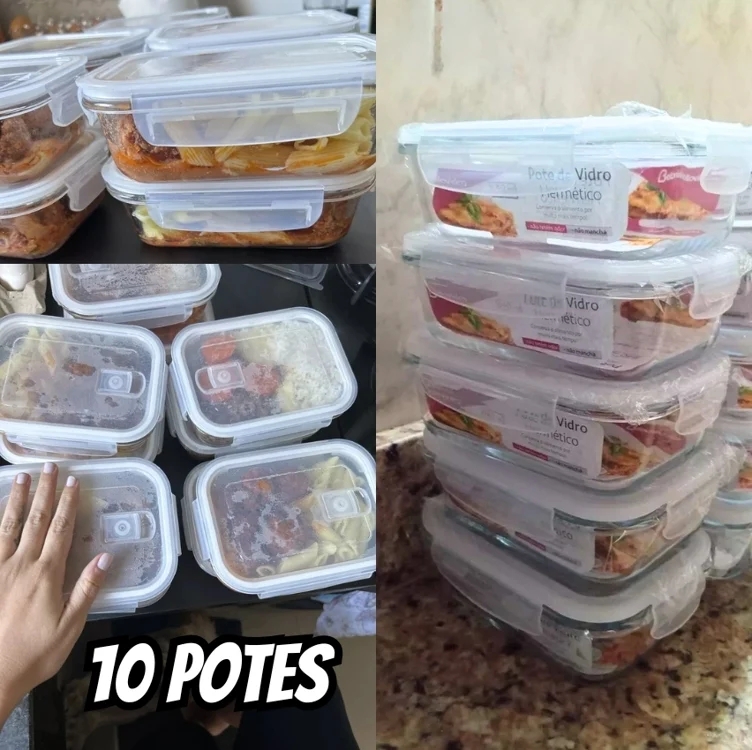 Kit 10 Potes Vidro 640ml Hermético Marmita Forno Refratário Kit 10 Potes Vidro 640ml Hermético Marmita Forno Refratário