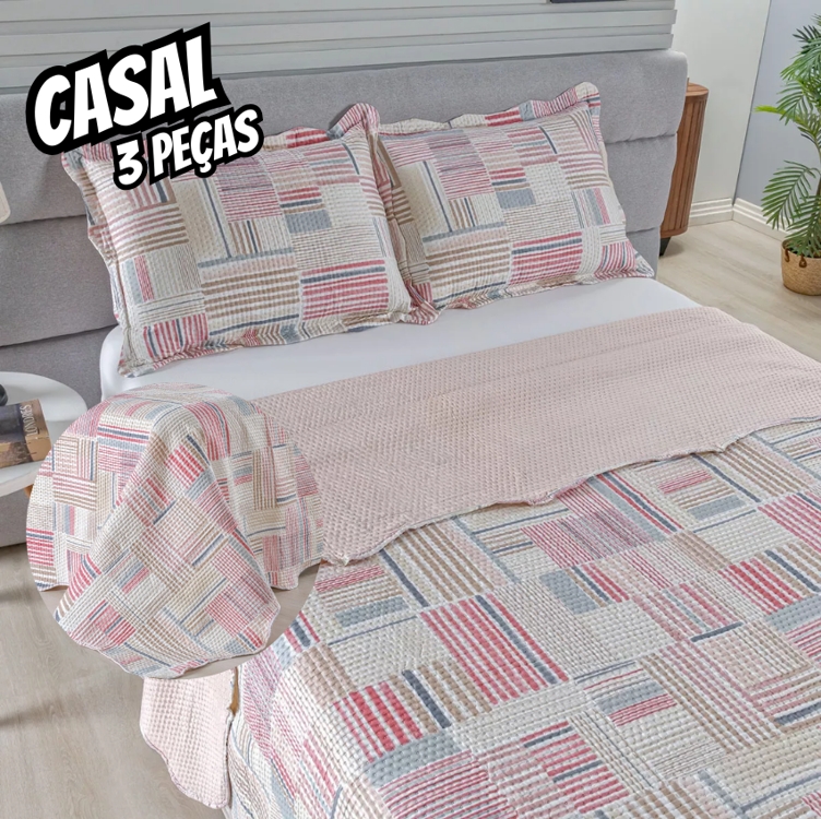 Kit Cobre Leito Colcha Casal Bouti Dupla Face Estampado 3pçs Kit Cobre Leito Colcha Casal Bouti Dupla Face Estampado 3pçs