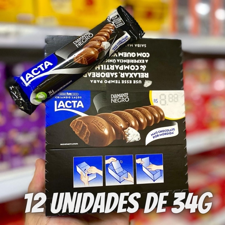 Chocolate Lacta ao leite Diamante Negro Caixa Com 12 Unidades De 34g Chocolate Lacta ao leite Diamante Negro Caixa Com 12 Unidades De 34g