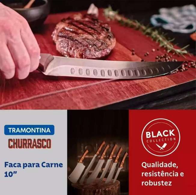 Faca para Carne Tramontina Churrasco Black com Lâmina em Aço Inox Escurecido e Cabo de Madeira 10" Faca para Carne Tramontina Churrasco Black com Lâmina em Aço Inox Escurecido e Cabo de Madeira 10"