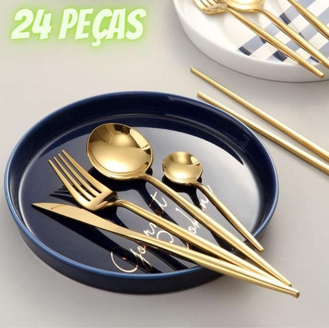 Talheres Inox 24 Peças Com Colher Garfo Faca E Colher De Café (24 Peças Dourado) Talheres Inox 24 Peças Com Colher Garfo Faca E Colher De Café (24 Peças Dourado)