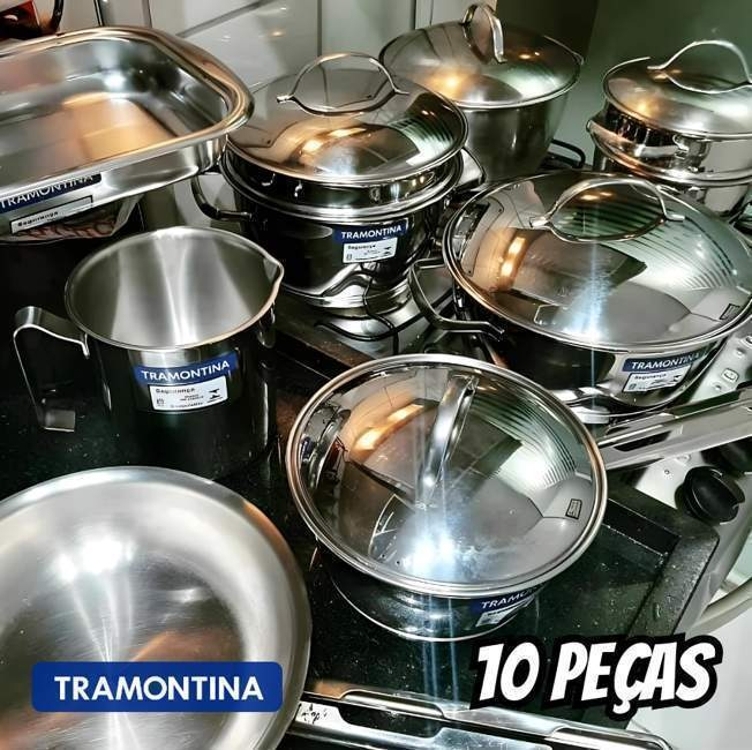 Jogo de Panelas Tramontina Aço Inox Allegra 10 Peças Fundo Triplo Com Pegador de Massa Jogo de Panelas Tramontina Aço Inox Allegra 10 Peças Fundo Triplo Com Pegador de Massa