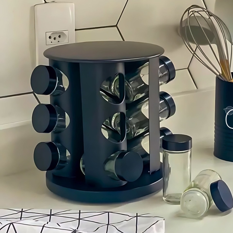Porta temperos e Condimentos Giratório Com 9 Potes de vidro Preto - Belakaza Porta temperos e Condimentos Giratório Com 9 Potes de vidro Preto - Belakaza