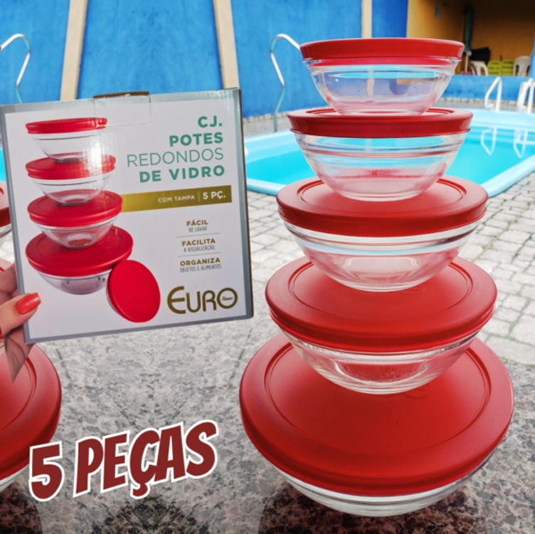 Euro - Conjunto de Potes de Vidro Redondos com Tampa Plástica, Vermelho, 5 Peças Euro - Conjunto de Potes de Vidro Redondos com Tampa Plástica, Vermelho, 5 Peças