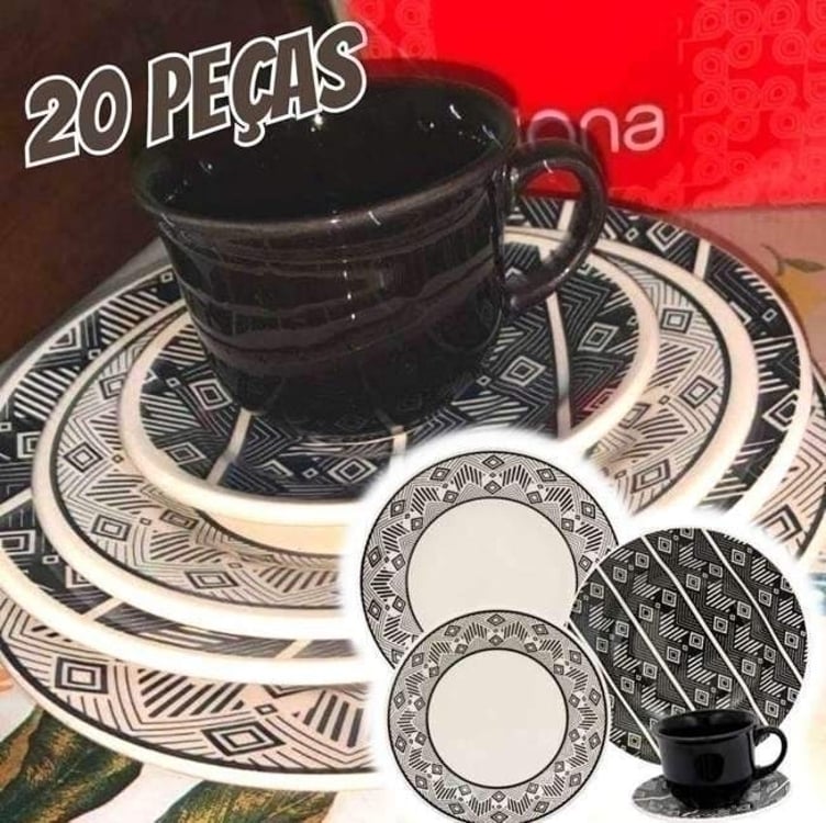 Aparelho de Jantar e Chá 20 Peças Biona de Cerâmica Redondo Bege e Preto Donna Aparelho de Jantar e Chá 20 Peças Biona de Cerâmica Redondo Bege e Preto Donna