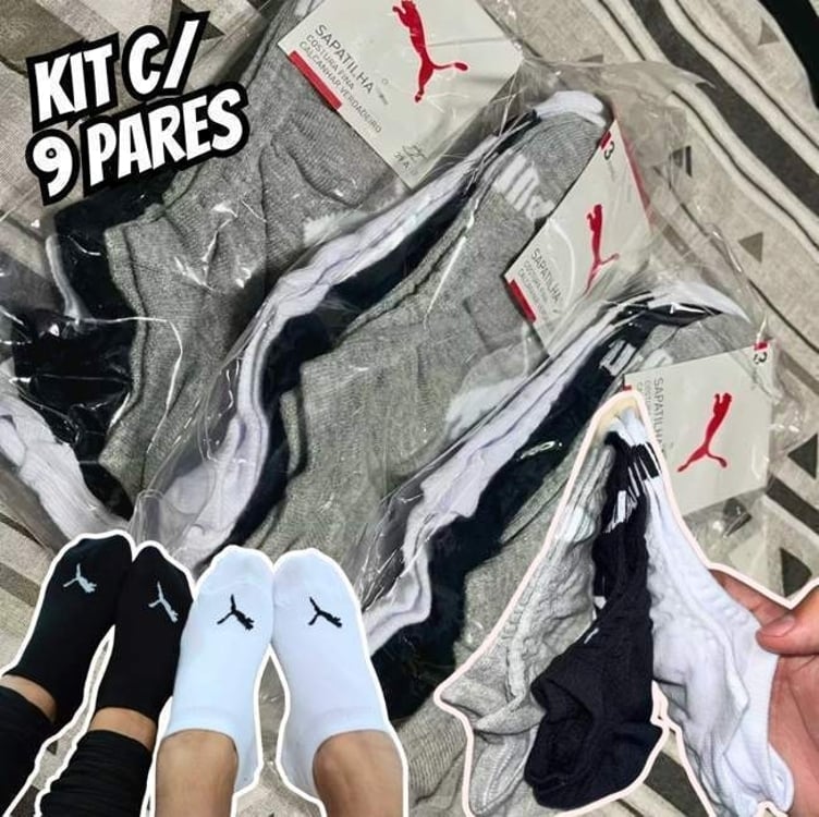 Kit 9 Pares Meias Puma Sapatilha Algodão Cano Baixo Meia Soquete Adulto Masculino Feminino Original Kit 9 Pares Meias Puma Sapatilha Algodão Cano Baixo Meia Soquete Adulto Masculino Feminino Original