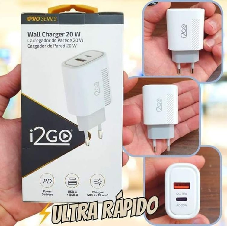 Carregador De Parede Ultra Rápido Com 1 Saída Usb-c Power Delivery 20w + 1 Saída Usb-a 18w I2go - I2go Pro, Branco Carregador De Parede Ultra Rápido Com 1 Saída Usb-c Power Delivery 20w + 1 Saída Usb-a 18w I2go - I2go Pro, Branco
