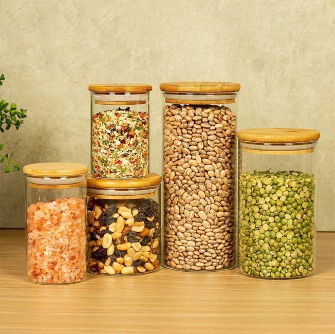 Potes de Vidro P/ Mantimentos C/ Tampa Bambu Oikos - 5 Pçs Potes de Vidro P/ Mantimentos C/ Tampa Bambu Oikos - 5 Pçs