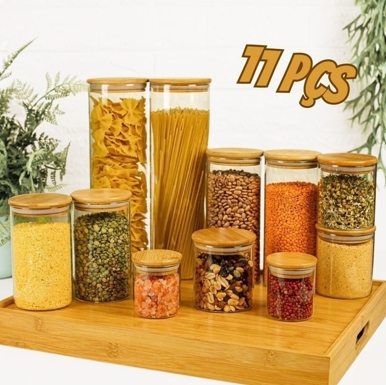 Potes De Vidro Mantimentos Com Tampa Bambu Oikos - 11 Pçs Potes De Vidro Mantimentos Com Tampa Bambu Oikos - 11 Pçs