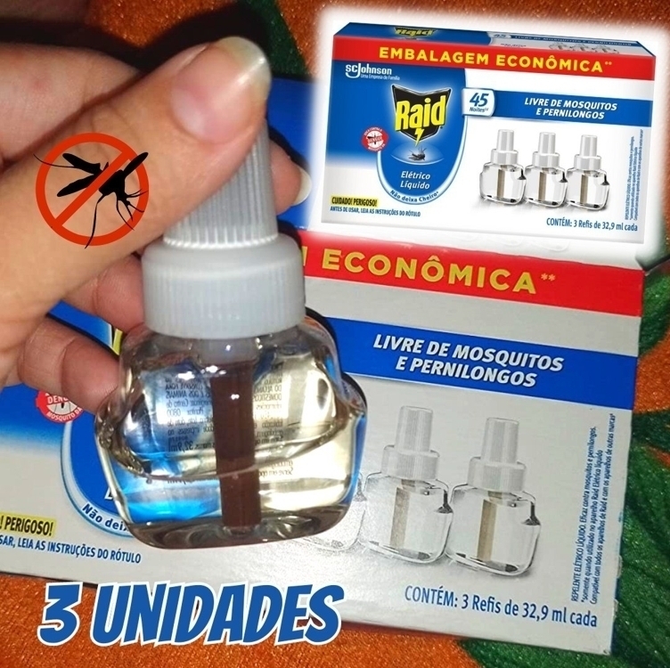 Raid Repelente Eletrico Líquido Refil, Até 45 Noites de Proteção, 3 unidades de 32,9ml Raid Repelente Eletrico Líquido Refil, Até 45 Noites de Proteção, 3 unidades de 32,9ml