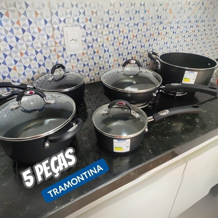 Jogo de Panelas de Alumínio com Revestimento Interno de Antiaderente 5 Peças Tramontina Mônaco Preto Jogo de Panelas de Alumínio com Revestimento Interno de Antiaderente 5 Peças Tramontina Mônaco Preto