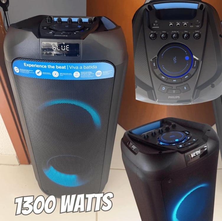 Party Speaker Philips bluetooth com luzes de led, fm, usb, cartão de memória, auxiliar, função TWS que conecta outra TAX4209, entradas para microfone e guitarra TAX4209/78 Party Speaker Philips bluetooth com luzes de led, fm, usb, cartão de memória, auxiliar, função TWS que conecta outra TAX4209, entradas para microfone e guitarra TAX4209/78