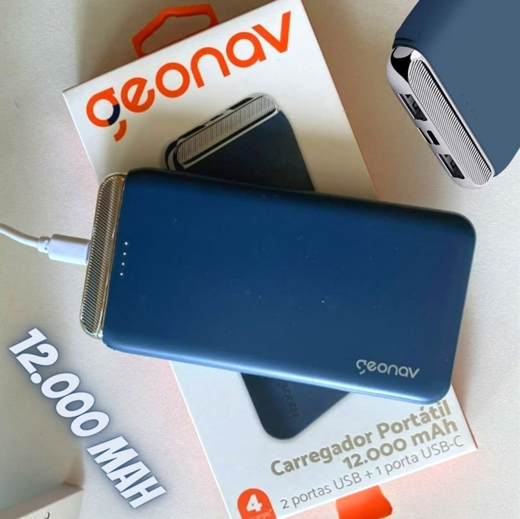 Geonav Power Bank, Carregador Portátil Universal 12.000 mAh, 2 Saídas USB + 1 Saída USB-C, PB12KMB, Azul Marinho Geonav Power Bank, Carregador Portátil Universal 12.000 mAh, 2 Saídas USB + 1 Saída USB-C, PB12KMB, Azul Marinho