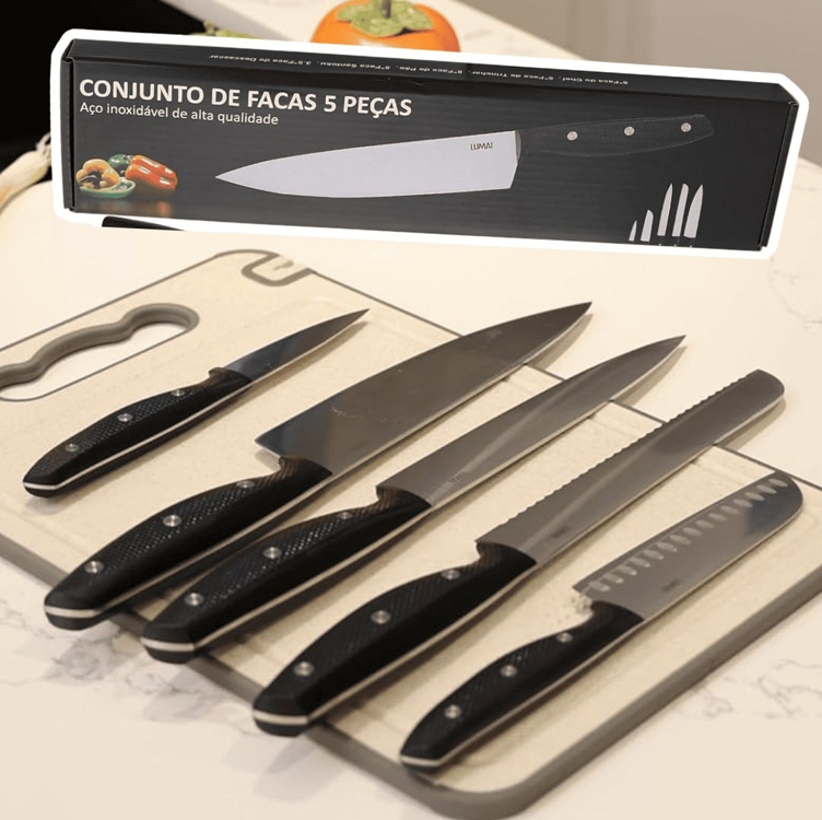 LUMAI Conjunto de Facas Aço Inoxidável 3CR13, Kit 5 Peças com Lâminas Afiadas e Duráveis, Inclui Faca do Chef, Santoku, Pão, Trinchar e Descascar, Corte Preciso para Cozinha Profissional e Doméstica LUMAI Conjunto de Facas Aço Inoxidável 3CR13, Kit 5 Peças com Lâminas Afiadas e Duráveis, Inclui Faca do Chef, Santoku, Pão, Trinchar e Descascar, Corte Preciso para Cozinha Profissional e Doméstica