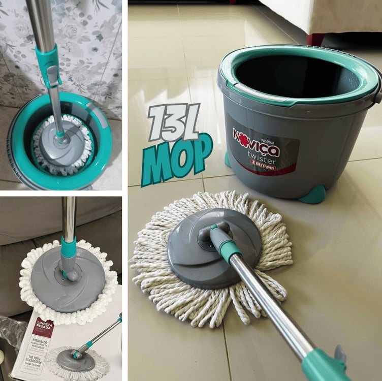 Mop Twister de Microfibra com Cabo e Balde de 13 Litros, Cor Branco, Cinza, Tiffany, Linha Noviça, Bettanin. Mop Twister de Microfibra com Cabo e Balde de 13 Litros, Cor Branco, Cinza, Tiffany, Linha Noviça, Bettanin.