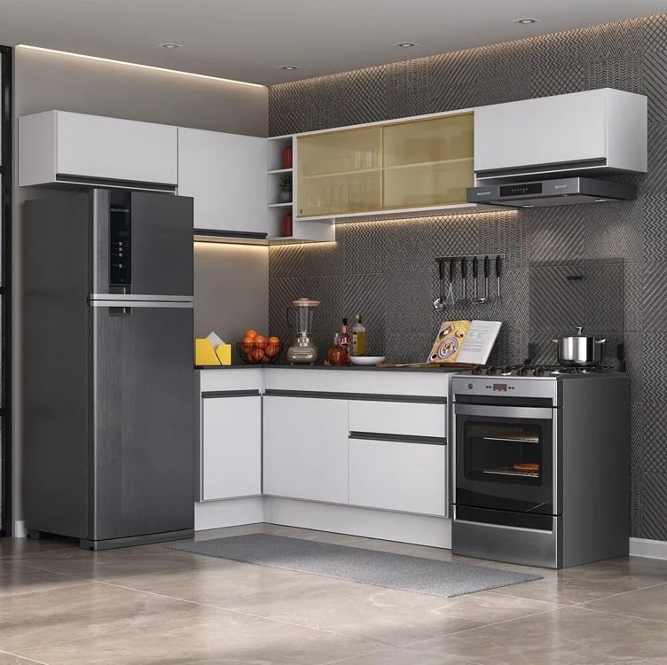 Armário Cozinha Completa De Canto Veneza Multimóveis V2095 Cor Branco/Preto Armário Cozinha Completa De Canto Veneza Multimóveis V2095 Cor Branco/Preto