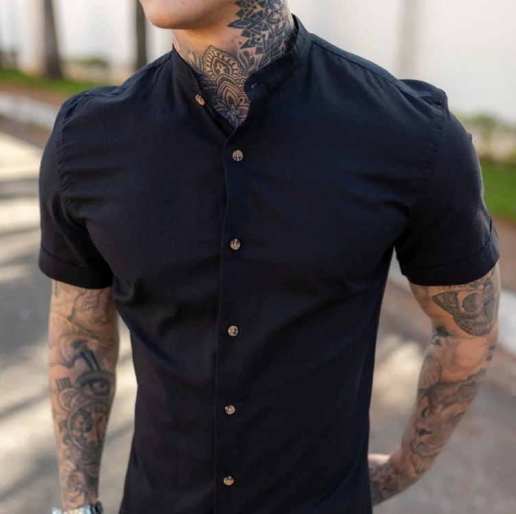 Camisa Social Masculina Manga Curta Gola Padre Slim Premium Camisa Social Masculina Manga Curta Gola Padre Slim Premium