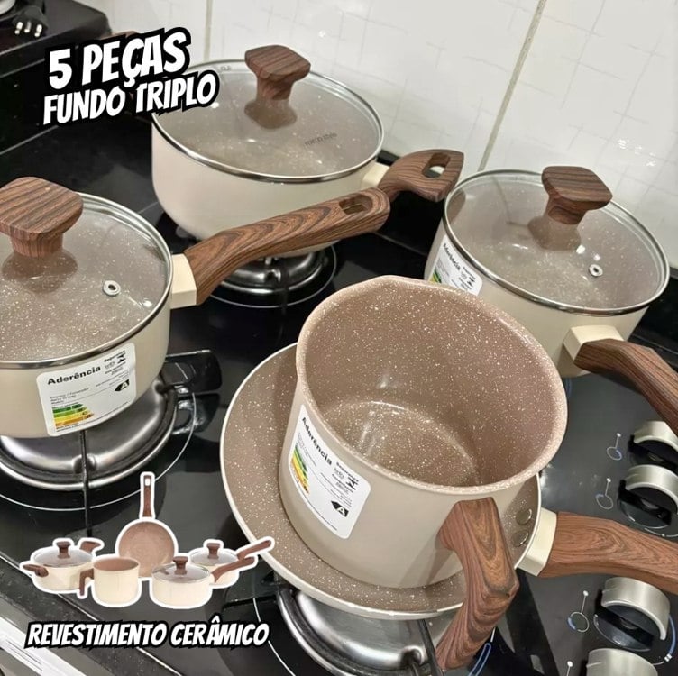 Jogo De Panelas Mimo Style Fundo Triplo Indução 5 Peças Cor Bege Jogo De Panelas Mimo Style Fundo Triplo Indução 5 Peças Cor Bege