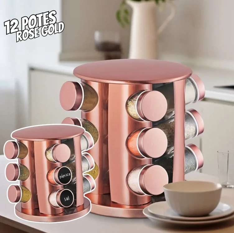 Porta Tempero Giratório Inox 12 Potes Redondo Rosé Gold - Dubai Porta Tempero Giratório Inox 12 Potes Redondo Rosé Gold - Dubai