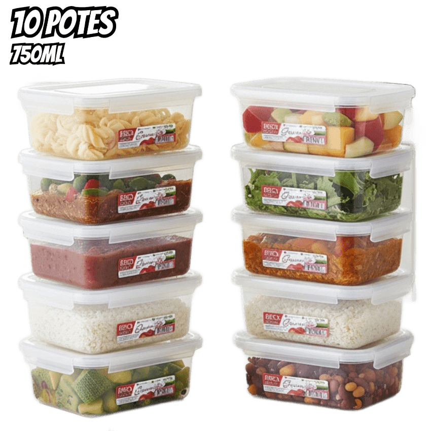Kit 10 Potes 750ml Com Tampa Trava Plástico Transparente Para Mantimentos E Alimentos Marmita Organizador De Cozinha Geladeira E Freezer Jogo De Potes Para Organização Ponte Lar Utilidades