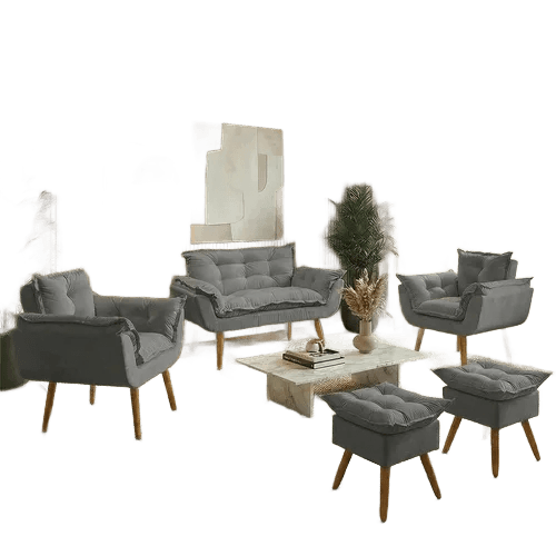 Kit Namoradeira 2 Poltronas E 2 Puffs Para Sala Alice Suede